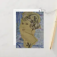 Retro Hair Style Woman and Map Collage Postcard