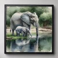 Watercolor Illustration of Mama and Baby Elephant Peel And Stick Photo Tile
