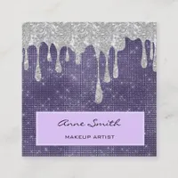 Makeup Artist Amethyst Silver Glitter Dripping Square Business Card