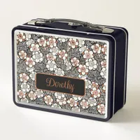 Japanese Black and Red Floral Pattern Personalized Metal Lunch Box