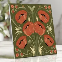 Arts and Crafts Poppy Floral on Olive Green Ceramic Tile