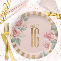 Gold Foil Stripes Floral Sweet Sixteen Blush ID757 Paper Plates