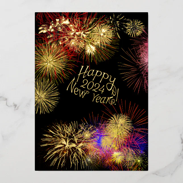 Happy new year 2024 fireworks and gold foil invitation