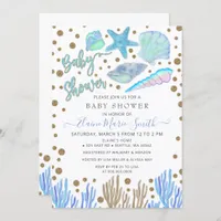Blue Gold Glitter Seashells Sea Beach Baby Shower  Invitation