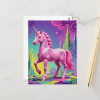 Surreal pink unicorn in a city postcard