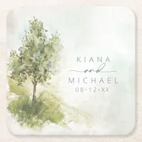 Watercolor Landscape Wedding Sage Green ID786 Squa Square Paper Coaster