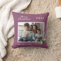 Christmas family photo purple cone pine name throw pillow