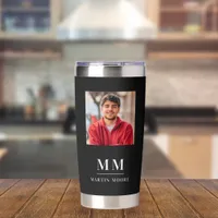 Black white photo monogram initials name guy insulated tumbler