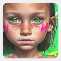 Tribal Kids |  Futuristic Stoic Girl Green Eyes Square Sticker