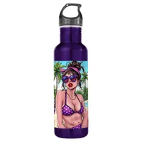 Women in Purple Bikini and Bandanna at Beach  Stainless Steel Water Bottle