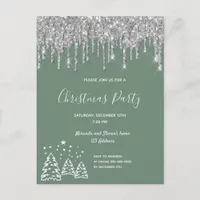 Christmas party green glitter silver invitation postcard