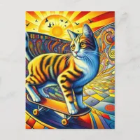 Skateboarding Kitty Surreal Colorful and Fun Postcard