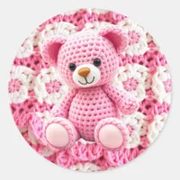 Pink Crocheted Teddy Bear It's a Girl Classic Round Sticker