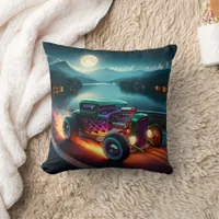 Classic hot rod cruising along a moonlit lakeshore throw pillow