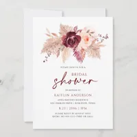 Boho Bridal Shower Burgundy Rose Gold Pampas Invitation