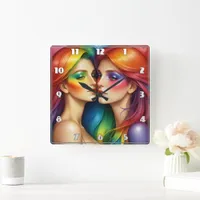 Rainbow Haired Women Embracing Colorful Beauty Square Wall Clock