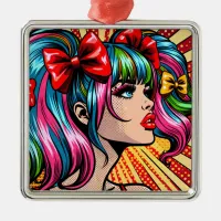 Pretty Pop Art Comic Girl with Bows Metal Ornament