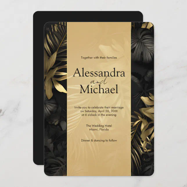 Modern Black Gold Tropical Leaves Wedding Invitation