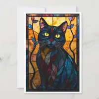 Stained Glass Style Black Cat with Leaves Flat Card