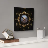 Fantasy Romantic Flower and Gold Frame Square Wall Clock