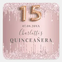 Quinceanera pink glitter name square sticker