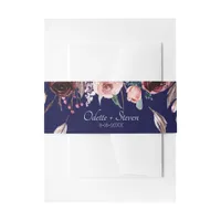 Modern Dark Navy Blue and Burgundy Garden Wedding Invitation Belly Band