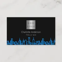 Black blue city skyline real estate logo QR code Business Card