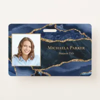 Navy Blue Gold Agate Geode Business Photo Badge