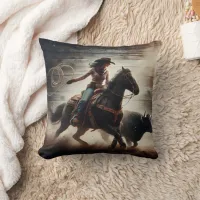 Rodeo Cowgirl Roping Bull in Dusty Arena Throw Pillow