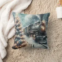 Old-Fashioned Train and Vintage Winter Scene Throw Pillow