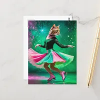 Adorable Ice Skating Cat in Pink and Green Postcard