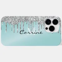 Monogram Silver Aqua Blue Glitter Drip Android + Case-Mate iPhone 14 Pro Max Case