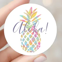 Rainbow Watercolor Pineapple Tropical Personalized Classic Round Sticker