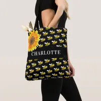 Black bees sunflower name tote bag