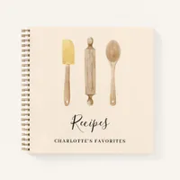 Wooden kitchen utensils beige recipe cookbook notebook
