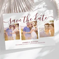 Signature Script Three Photos Maroon Save The Date Announcement Postcard