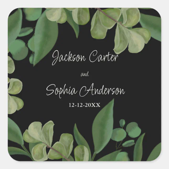 Black & green Elegant rustic greenery leaves lush Square Sticker