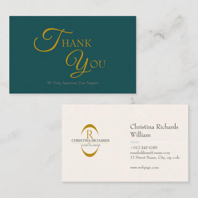 Modern Elegant Teal and Gold Thank You Card