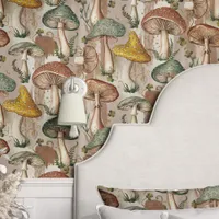 Vintage Mushrooms and Ferns Cottagecore Wallpaper