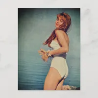 Woman in White Swimsuit on the beach in 1957  Postcard