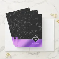 Elegant Black Marble & Purple Foil Monogram Pocket Folder