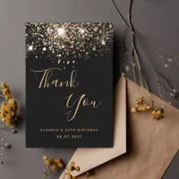 Black gold glitter elegant script birthday thank you card