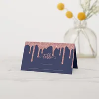 Navy Blue Rose Gold Dripping Glitter Wedding Place Card