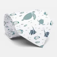 Cool Blue White Turtles and Fish Ocean Pattern Neck Tie