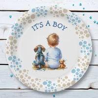 It's a Boy | Baby and Dachshund Puppy Baby Shower Paper Plates