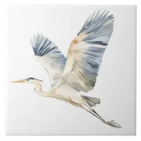 Elegant Flying Blue Heron White Ceramic Tile