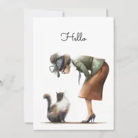 Cute Cat and Lady Whimsical Hello Flat Card