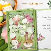 Whimsical Watercolor Easter Bunny & Chick Meadow Holiday Card