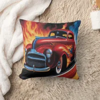 Vintage hot rod racing through fiery landscape throw pillow