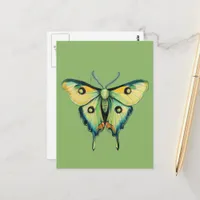 Luna Moth Painting on Green Postcard